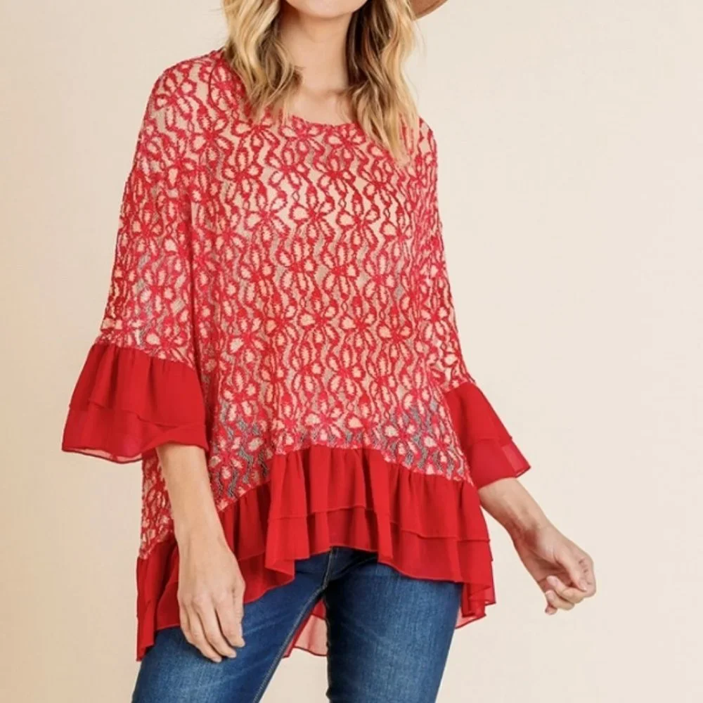 🎈Umgee Red Floral Mesh Ruffle Sleeve Top - Picture 2 of 4